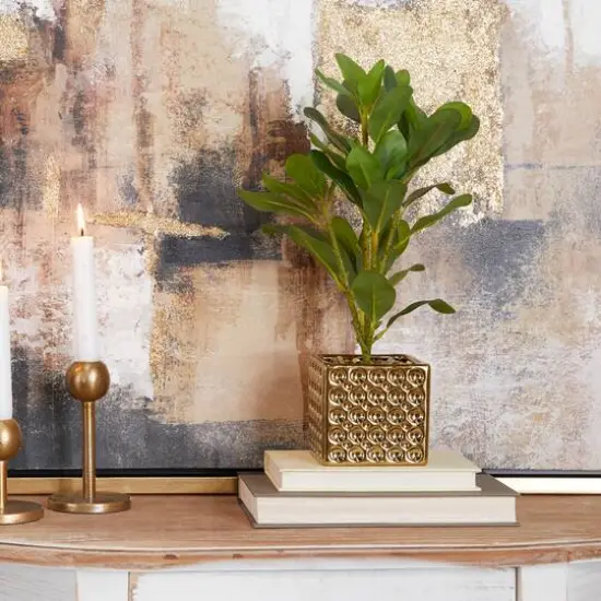 15" Glam Style Evergreen Artificial Foliage in Gold Porcelain Pot {9}