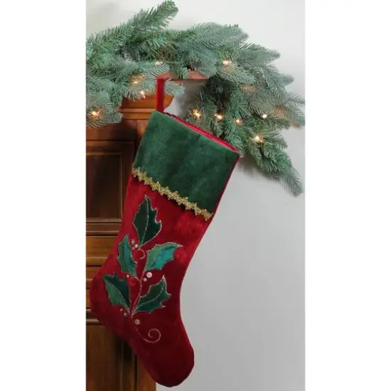 20.5" Holly Embroidered Velvet Stocking {5}