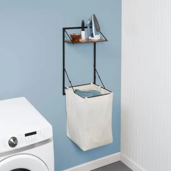 Honey Can Do Black & Walnut Collapsible Wall-Mounted Hamper with Bag and Shelf {3}
