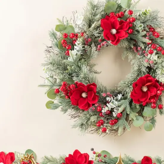 Glitzhome&reg; 24"D Christmas Red Mangnolia & Berry Wreath {4}