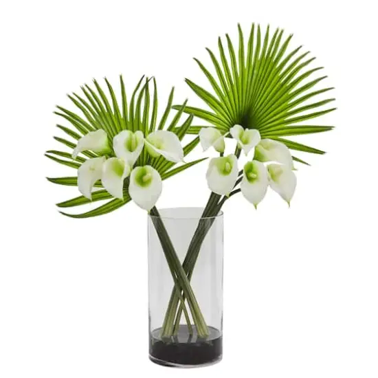 2.2ft. Calla Lily & Fan Palm Artificial Arrangement in Cylinder Glass Vase Cream {1}