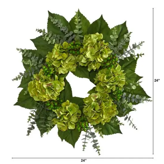 24" Green Hydrangea & Eucalyptus Leaf Wreath {3}