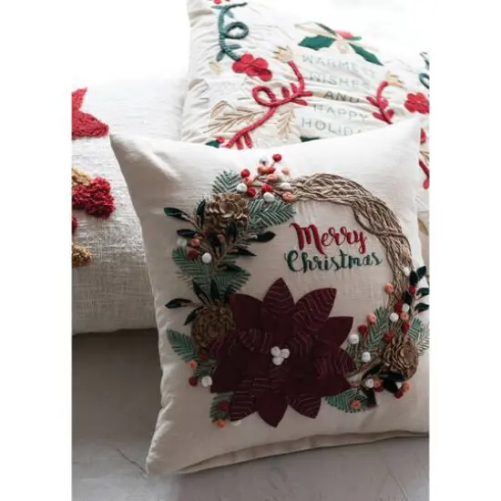 Hello Honey&reg; 18" Merry Christmas Embroidered Applique Wreath Cotton Pillow {3}