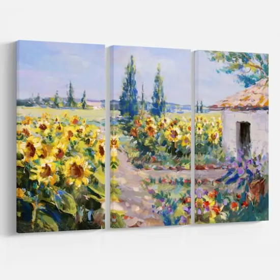 Designart - Sunflower Farm - Floral Painting Print on Wrapped Canvas set {4}
