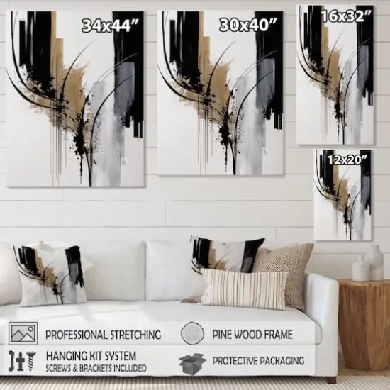 Designart 'Black, White And Gold Expression II' Modern Framed Canvas Wall Art Thin Gold {5}