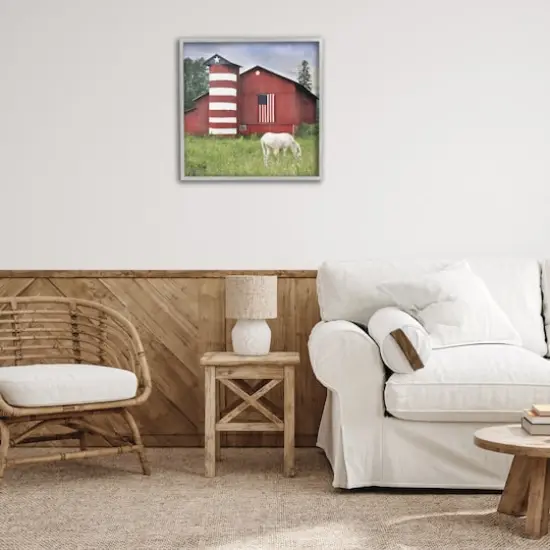 Stupell Industries Grazing White Horse Red Americana Barn Flag Framed Giclee Art Gray {3}