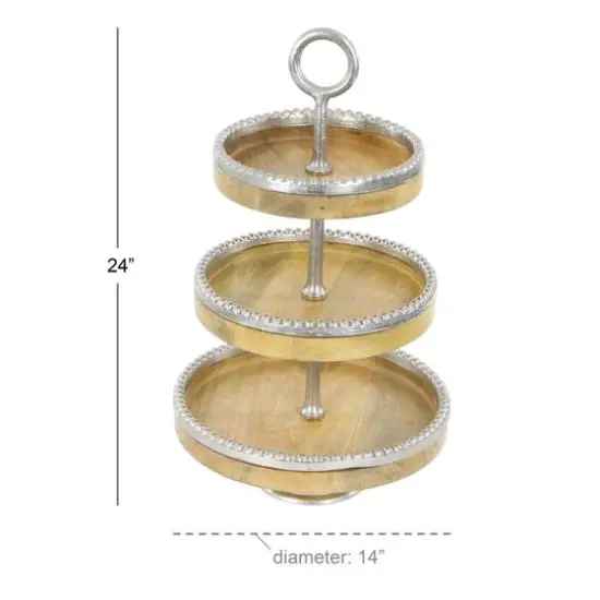 25" Brown Wood& Aluminum 3-Tier Tray Stand {4}