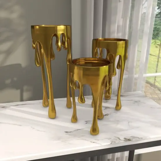 CosmoLiving by Cosmopolitan Gold Aluminum Pillar Candle Holder with Dripping Melting Designed Legs Set {12}