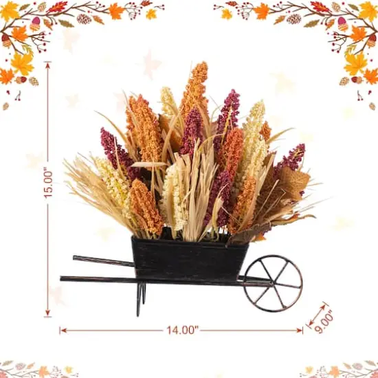 Glitzhome® 15" Fall Multi-Colored Sorghum Cart Centerpiece {8}