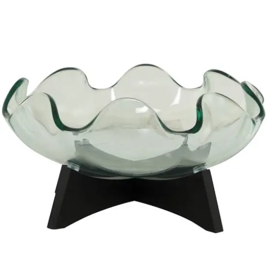 16" Clear Glass Kitchen Serving Bowl with Black Wooden Stand {7}