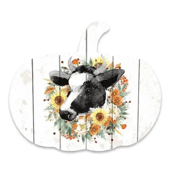 Pumpkin Shaped Cow & Floral Wooden Wall Hanging {1}