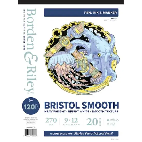 Borden & Riley&reg; No. 120P Bristol Smooth Paper Pad, 9" x 12" {1}