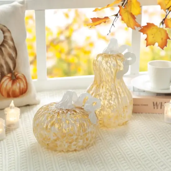 Glitzhome&reg; 6" Fall Amber Dots Round Glass Pumpkin {7}