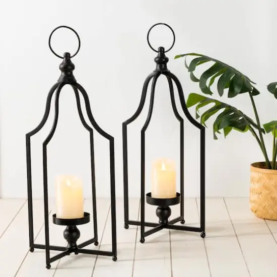 22" Modern Farmhouse Black Metal Candle Lantern Set {3}