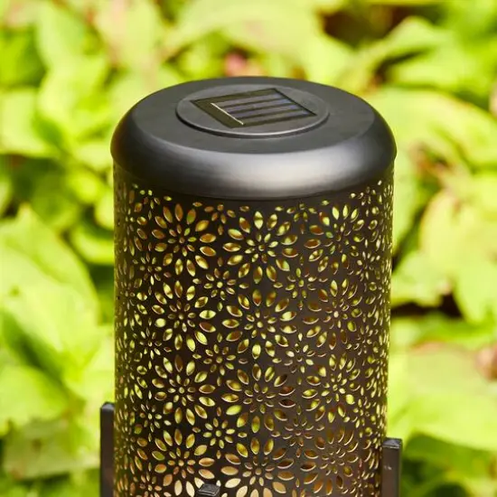 Glitzhome&reg; 14.25" Black Metal Cutout Flower Pattern Solar Powered LED Outdoor Lanterns, 2ct. {6}