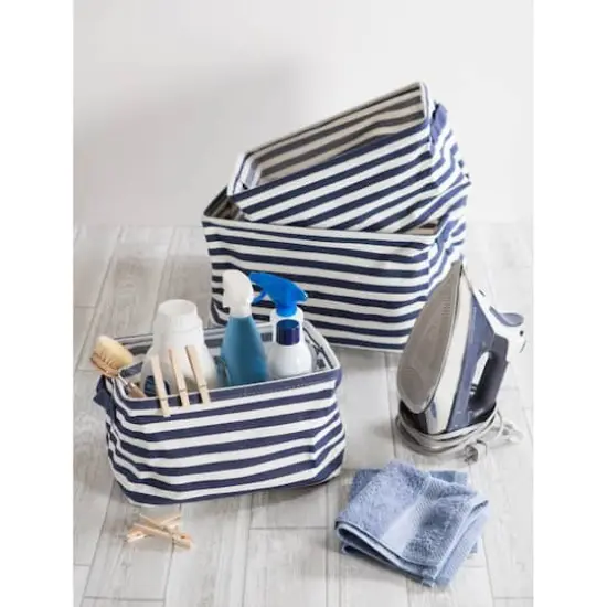 DII® Stripes PE-Coated Herringbone Woven Cotton Laundry Bin Set French Blue {4}
