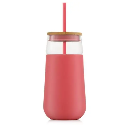 JoyJolt&reg; 20oz. Glass Tumbler with Straws & Silicone Sleeve Pink {7}