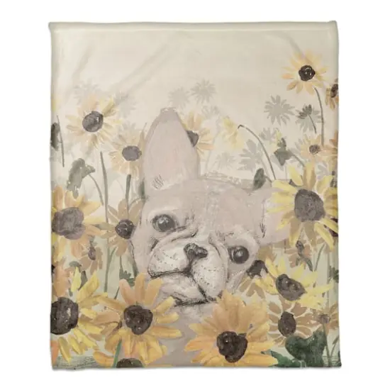 50" x 60" Frenchie Sunflower Field Coral Fleece Blanket {1}