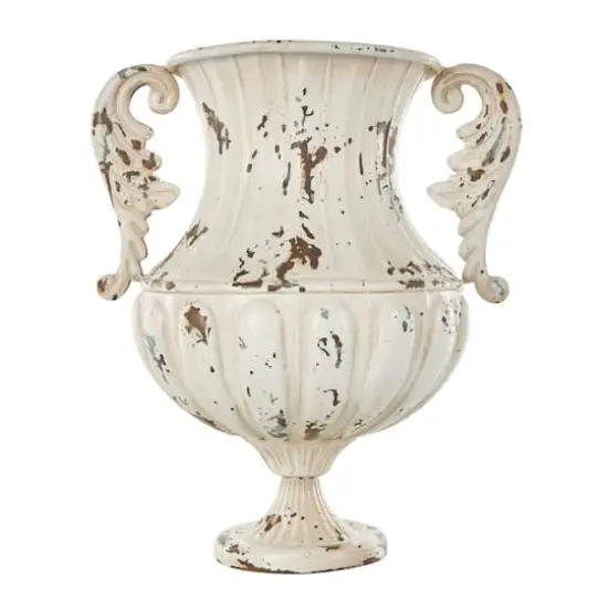 15.25" Cream Metal Vintage Amphora Vase with Brown & Teal Distressing {7}