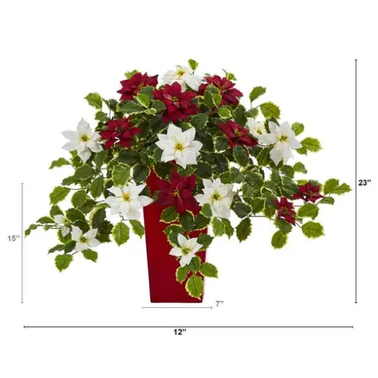 23&rdquo; Poinsettia & Variegated Holly Artificial Plant in Red Decorative Planter {3}