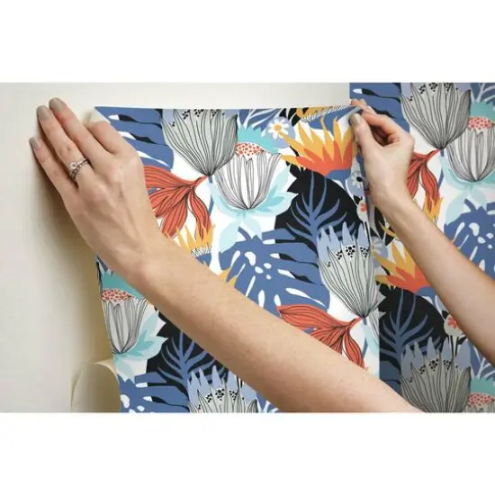 RoomMates Retro Tropical Leaves Peel & Stick Wallpaper Blue and Yellow {11}