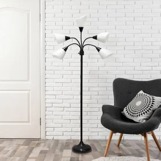 Simple Designs&trade; 5.5ft. 5-Light Gooseneck Black Floor Lamp with White Shades {5}