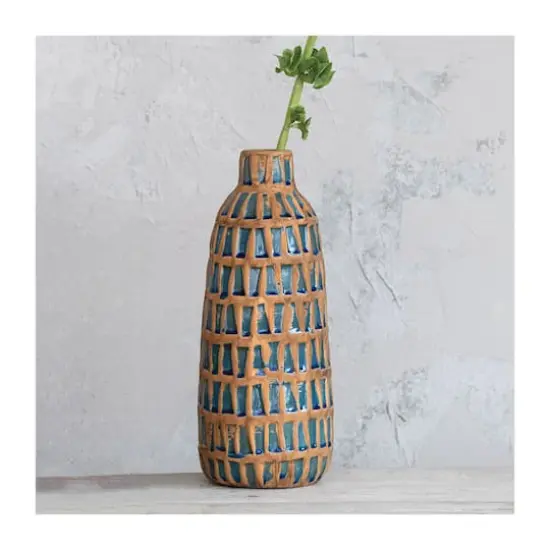 Hello Honey&reg; 14" Natural & Blue Debossed Terra Cotta Vase {4}
