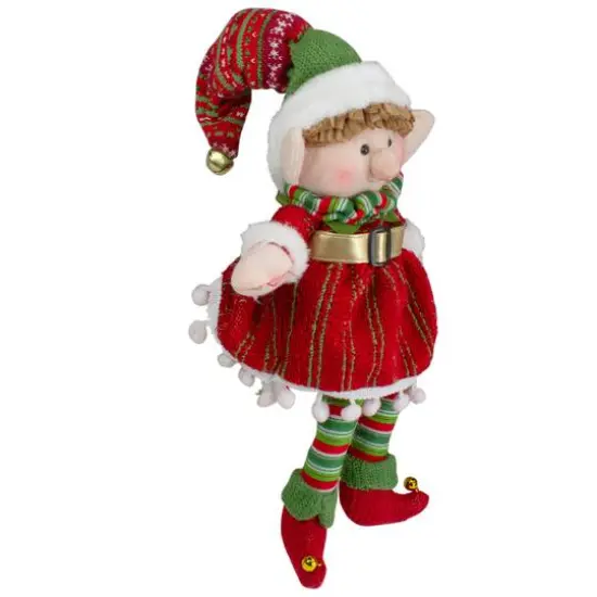 14'' Red and Green Plush Jingle Bell Girl Elf Christmas Figure {4}