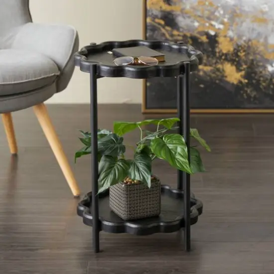 23.75" Black Wood Floral Inspired 2-Level Side End Accent Table with Metal Legs {9}