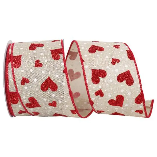 JAM Paper 2.5" x 10yd. Wired Faux Linen Heart Glitter & Dots Ribbon {1}
