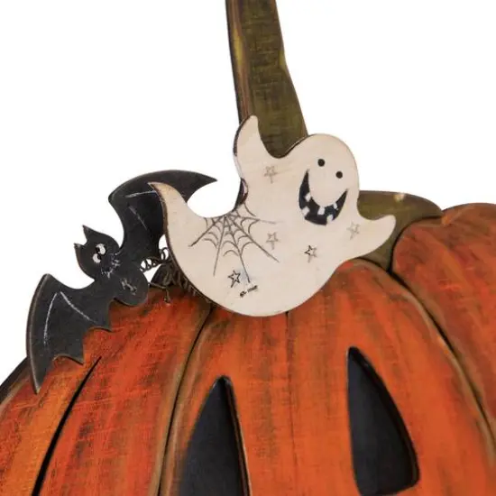 13" Jack-O-Lantern with Ghost & Bat Halloween Decoration {3}