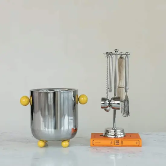 Hello Honey Stainless Steel Ice Bucket with Citron Color Enameled Ball Handles and Feet, Silver {5}