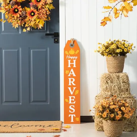 Glitzhome&reg; 35.5" Fall & Halloween Reversible Wood Tag Porch Sign {7}