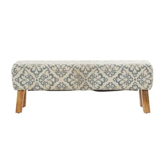 50" Cream Fabric Arabesque Scroll Bench with Wood Legs {6}