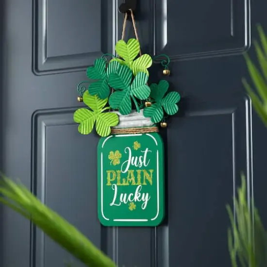 Glitzhome&reg; 16" St. Patrick's Wooden Mason Jar with Shamrock Door Hanger {3}