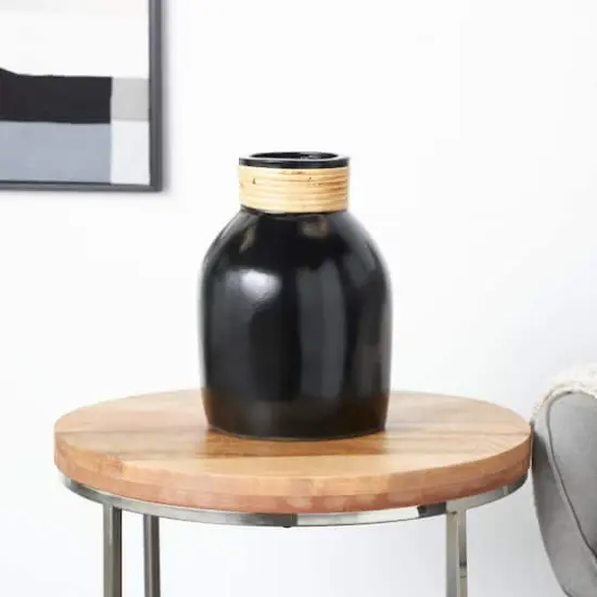11" Black Ceramic Vase with Wrapped Rattan Detailing {3}