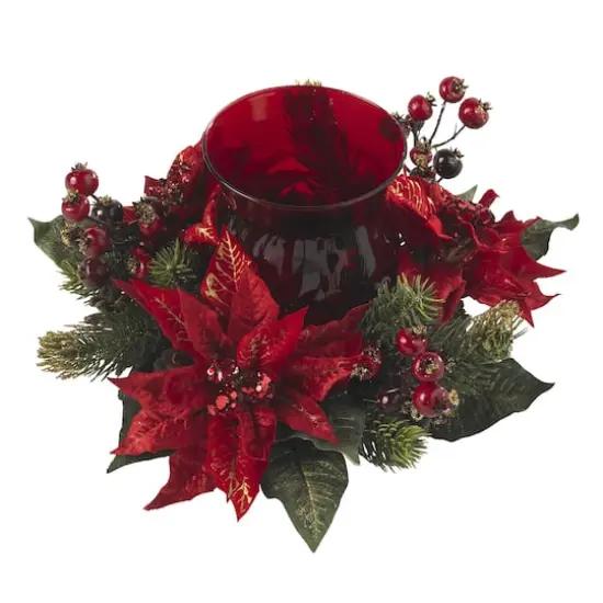 13" Poinsettia & Berry Candelabrum Artificial Arrangement {3}