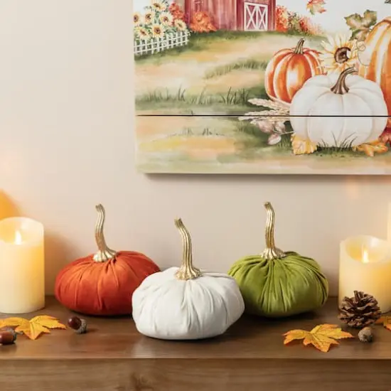 Glitzhome&reg; Colorful Velvet Pumpkins Set {10}