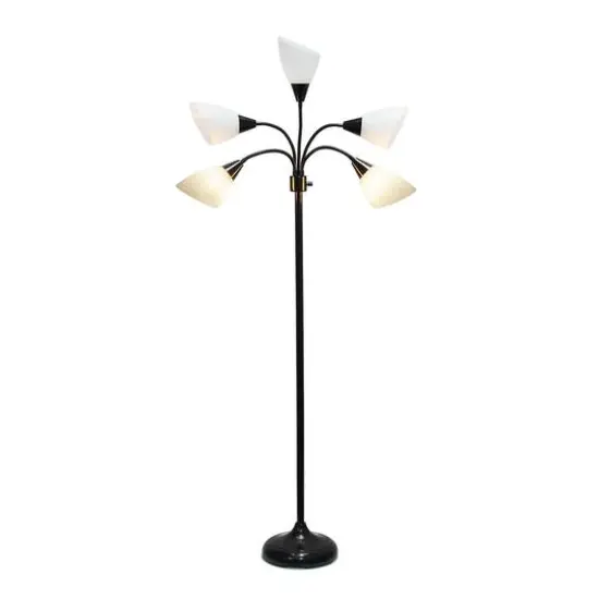 Simple Designs&trade; 5.5ft. 5-Light Gooseneck Black Floor Lamp with White Shades {11}