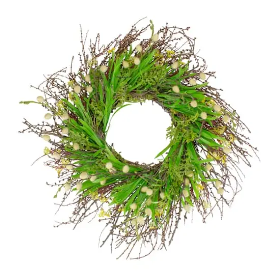 18" Green & Yellow Burrs & Brush Artificial Floral Spring Wreath {1}