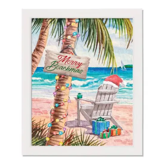 22" Merry Beachmas Christmas White Framed Wall Canvas {1}