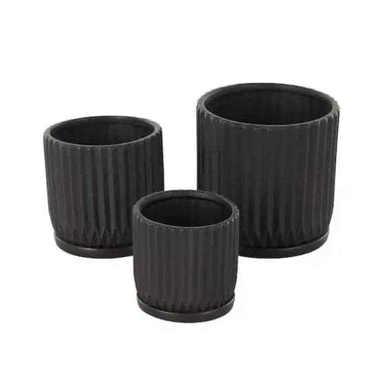 Black Ribbed Textured Ceramic Planter Set {4}