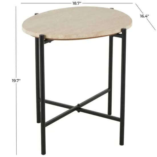 19.75" Beige Marble Accent Table with Black Metal Support {13}