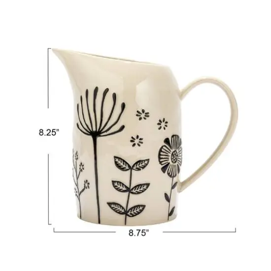 Hello Honey&reg; 62oz. Cream & Black Hand-Painted Embossed Flowers Stoneware Pitcher {4}