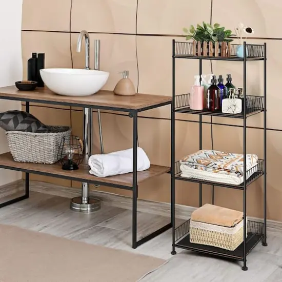 Black 4-Tier Bathroom Storage Rack Metal Shelving Unit with Wood Shelves {7}