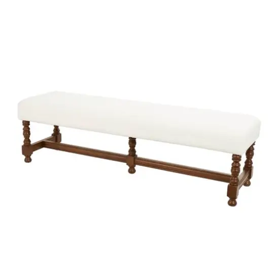 59" Cream Fabric Bench with Brown Traditional Wood Turned Legs {1}