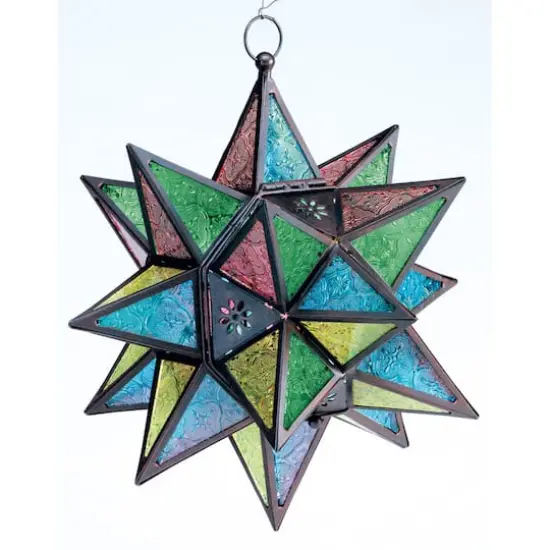 14" Jewel Toned Moroccan Style Hanging Star Candle Lantern {4}