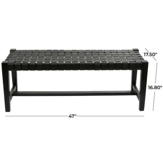 47" Black Leather Handmade Woven Seat Bench {6}