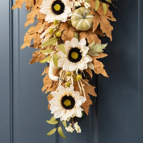 Glitzhome&reg; 28" Fall Neutral Sunflower, Pumpkin and Leaf Swag {6}