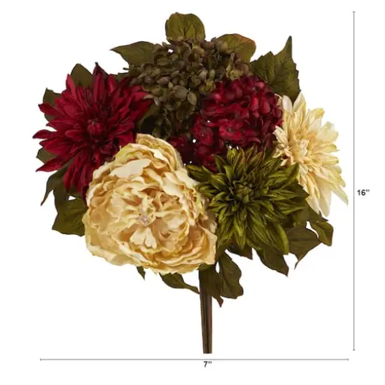 16" Cream Peony, Red Hydrangea & Green Dahlia Bush, 2ct. {3}